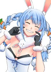 Rule 34 | 1girl, black gloves, blue hair, blush, braid, breasts, cheek pinching, cleavage, detached collar, fur-trimmed gloves, fur collar, fur trim, gloves, grin, highres, hololive, light blue hair, looking at viewer, multicolored hair, pinching, rabbit ears, small breasts, smile, solo, teeth, thick eyebrows, twin braids, twintails, two-tone hair, upper body, usada pekora, usada pekora (1st costume), virtual youtuber, white hair, you nf