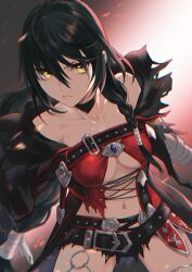 Rule 34 | 1girl, bandaged arm, bandages, belt, belt buckle, black belt, black choker, black hair, black shorts, braid, breasts, buckle, choker, closed mouth, collarbone, commentary request, isa (peien516), long hair, looking at viewer, medium breasts, micro shorts, navel, shorts, single braid, solo, stomach, tales of (series), tales of berseria, torn clothes, underboob, velvet crowe, yellow eyes