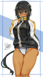 Rule 34 | 1girl, black hair, blue eyes, blush, commentary request, competition swimsuit, dark skin, dark-skinned female, dated, highres, jacket, long hair, looking at viewer, one-piece swimsuit, original, revision, solo, swimsuit, tan, track jacket, track suit, very long hair, yuzu lemon