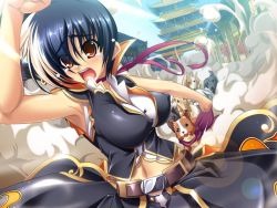 Rule 34 | 00s, 1girl, armpits, belt, black hair, blush, breasts, brown eyes, choker, dog, dust, dutch angle, covered erect nipples, fleeing, game cg, gien, impossible clothes, impossible shirt, koihime musou, large breasts, lens flare, light rays, midriff, multicolored hair, navel, open collar, open mouth, panties, pink eyes, ribbon, running, shirt, short hair, sky, smoke, solo, sunbeam, sunlight, tears, teeth, tower, two-tone hair, unbuttoned, underwear, white hair, yatsuha kanan