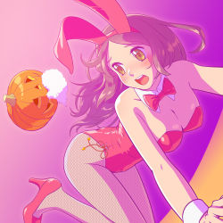 Rule 34 | 1girl, animal ears, bow, bowtie, breasts, cleavage, commentary request, detached collar, fake animal ears, fishnet pantyhose, fishnets, fukusuke hachi-gou, high heels, highres, jack-o&#039;-lantern, large breasts, leotard, long hair, original, pantyhose, playboy bunny, rabbit ears, rabbit tail, revision, tail, wrist cuffs