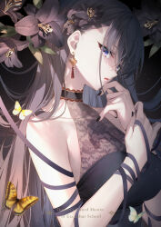Rule 34 | 1girl, armpits, bare shoulders, black choker, black flower, black hair, black nails, blue eyes, breasts, bug, butterfly, choker, dress, earrings, elfine phillet, flower, green butterfly, hair flower, hair ornament, highres, insect, jewelry, long hair, looking at viewer, medium breasts, official art, open mouth, red pupils, seiken gakuin no maken tsukai, sleeveless, sleeveless dress, solo, toosaka asagi, upper body, yellow butterfly