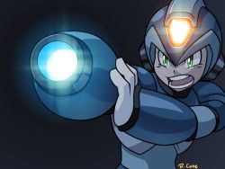 Rule 34 | 1boy, android, arm cannon, glowing, green eyes, helmet, male focus, mega man (series), x (mega man), mega man x (series), open mouth, powering up, rcasedrawsstuff, solo, upper body, weapon