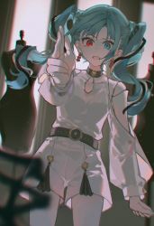 Rule 34 | + +, 1girl, alternate costume, aqua hair, aqua nails, belt, blue eyes, blurry, blurry foreground, clothing cutout, dress, earrings, hatsune miku, heterochromia, highres, indoors, jewelry, long hair, long sleeves, looking at viewer, lunar (lunar 815), nail polish, open mouth, red eyes, solo, tears, twintails, vocaloid, white dress