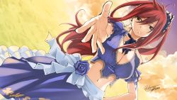 Rule 34 | 1girl, artist name, breasts, brown eyes, cleavage, cleavage cutout, clothing cutout, dress, earrings, erza scarlet, fairy tail, female focus, frills, hand on own hip, highres, jewelry, large breasts, long hair, looking at viewer, mashima hiro, navel, outstretched arm, red hair, solo, wallpaper