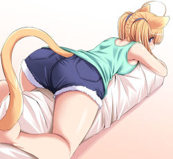 Rule 34 | 1girl, ahoge, animal ears, ass, bare legs, bare shoulders, barefoot, blonde hair, blue eyes, breasts, cat ears, cat tail, denim, denim shorts, original, pudding (tonpuu), short shorts, shorts, sideboob, solo, tail, tail through clothes, tonpuu, twintails, white background