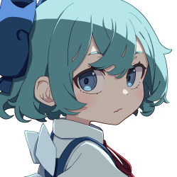 Rule 34 | 1girl, absurdres, blue bow, blue eyes, blue hair, blush, bow, cirno, closed mouth, fairy, fang, hair bow, highres, ice, ice wings, kame (kamepan44231), looking at viewer, portrait, short hair, simple background, skin fang, solo, touhou, white background, wings