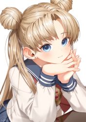 Rule 34 | 1girl, bad id, bad twitter id, bishoujo senshi sailor moon, blue eyes, blue sailor collar, blush, closed mouth, double bun, hair bun, hands up, head rest, highres, long hair, long sleeves, looking at viewer, own hands together, ryota (ry o ta), sailor collar, sailor senshi uniform, school uniform, serafuku, shirt, silver hair, simple background, solo, tsukino usagi, twintails, upper body, white background, white shirt