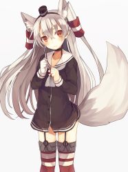 Rule 34 | 10s, 1girl, amatsukaze (kancolle), animal ear fluff, animal ears, blush, brown eyes, choker, dress, fox ears, fox tail, garter straps, gloves, grey background, grey neckerchief, headgear, highres, kantai collection, kemonomimi mode, long hair, long sleeves, looking at viewer, neckerchief, red thighhighs, sailor collar, sailor dress, see-through, shugao, silver hair, simple background, single glove, smile, solo, striped clothes, striped thighhighs, tail, thighhighs, two side up, white gloves
