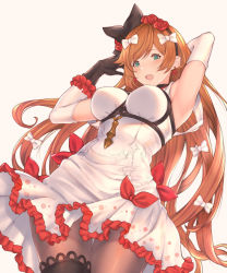 Rule 34 | 1girl, armpits, arms up, black gloves, black pantyhose, blush, bow, breasts, clarisse (granblue fantasy), clarisse (soleil blanc) (granblue fantasy), detached sleeves, dress, earrings, flower, from below, gloves, granblue fantasy, hair bow, hairband, highres, jewelry, large breasts, long hair, looking at viewer, looking down, open mouth, orange hair, pantyhose, red bow, rose, simple background, sleeveless, sleeveless dress, solo, white background, white bow, white dress, wuming
