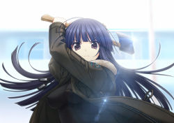 Rule 34 | 1girl, ahoge, artist request, axe, blue hair, breasts, covered erect nipples, dog tags, highres, holding, jacket, jewelry, long hair, looking at viewer, muv-luv, muv-luv alternative, necklace, purple eyes, scan, sendou yuzuka, solo, sunlight, upper body, weapon, zipper