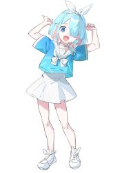 Rule 34 | 1girl, absurdres, arms up, arona (blue archive), blue archive, blue eyes, blue hair, blue shirt, bow, braid, choker, cottone (highjethoo), dress, full body, hair bow, hair over one eye, highres, legs, open mouth, ribbon, school uniform, serafuku, shirt, shoes, short dress, short hair, short sleeves, simple background, sketch, smile, solo, white background, white dress, white footwear