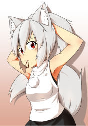 Rule 34 | 1girl, adjusting hair, animal ears, armpits, arms up, bare shoulders, blush, bra, breasts, elu butyo, highres, inubashiri momiji, long hair, looking at viewer, medium breasts, mouth hold, no headwear, no headwear, pom pom (clothes), ponytail, red eyes, silver hair, skirt, solo, tail, touhou, tying hair, underwear, wolf ears, wolf tail