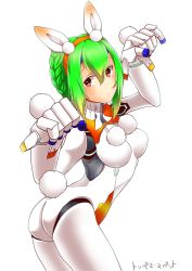 Rule 34 | 10s, 1girl, absurdres, android, animal ears, ass, braid, breasts, rabbit ears, rabbit tail, french braid, green hair, gunslinger stratos, highres, joints, kemonomimi mode, paw pose, red eyes, robot joints, short hair, solo, tail, toppema mapetto, white background, xi-988