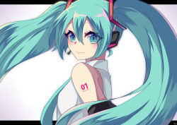 Rule 34 | 1girl, anniversary, aqua eyes, aqua hair, detached sleeves, hatsune miku, headset, highres, hofuru, letterboxed, long hair, necktie, number tattoo, solo, tattoo, twintails, vocaloid, white background