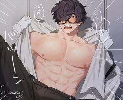 Rule 34 | 1boy, abs, bara, bare pectorals, black pants, blush, brown eyes, brown hair, fangs, glasses, hair over one eye, highres, male focus, mole, mole under mouth, nipples, open clothes, open mouth, open shirt, original, pants, pectorals, rio mukiniki, shirt, solo, sweat, white shirt