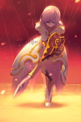 Rule 34 | 1girl, backlighting, boots, character name, commentary, dress, echo (circa), english text, estellise sidos heurassein, full body, gold trim, green eyes, jacket, juliet sleeves, long sleeves, looking down, pantyhose, pink dress, pink hair, puffy sleeves, scepter, shield, short hair, solo, spoilers, string, tales of (series), tales of vesperia, white footwear, white jacket