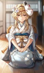 Rule 34 | 1girl, blonde hair, blurry, blurry background, blush, closed mouth, day, depth of field, floral print, flower, fox mask, genshin impact, gold trim, hair between eyes, hair flower, hair intakes, hair ornament, highres, indoors, japanese clothes, kimono, light particles, long sleeves, looking at viewer, lumine (genshin impact), lumine (sweets paradise) (genshin impact), mask, mask on head, obiage, obijime, on floor, print kimono, rope, sash, seiza, shimenawa, short hair with long locks, sidelocks, silence girl, sitting, smile, solo, white flower, white kimono, white sash, wide sleeves, wooden floor