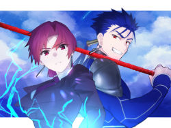 Rule 34 | 1boy, 1girl, armor, bazett fraga mcremitz, blue bodysuit, blue hair, blue molmotto, blue sky, bodysuit, breasts, collared shirt, cu chulainn (fate), cu chulainn (fate/stay night), dress shirt, earrings, electricity, fate/hollow ataraxia, fate/stay night, fate (series), formal, gae bolg (fate), grin, highres, jewelry, large breasts, long sleeves, looking at viewer, mole, mole under eye, necktie, parted bangs, pauldrons, polearm, ponytail, purple necktie, purple suit, red eyes, red hair, shirt, short hair, shoulder armor, sky, smile, spear, suit, weapon, white shirt