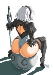 Rule 34 | 1girl, 2b (nier:automata), ass, automatic giraffe, curvy, from above, from behind, full body, headband, highleg, highleg leotard, highres, holding, holding sword, holding weapon, huge ass, leotard, shiny skin, shirt, short hair, sitting, spread legs, sword, thighhighs, thong leotard, weapon, white shirt, wide hips
