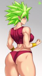 Rule 34 | 1girl, absurdres, aqua eyes, artist name, ass, back, breasts, clenched hand, closed mouth, dragon ball, dragon ball super, earrings, from behind, green hair, grey background, highres, jewelry, jmg, kefla (dragon ball), large breasts, looking back, midriff, muscular, muscular female, potara earrings, simple background, skin tight, solo, spiked hair, super saiyan, tank top
