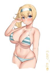 Rule 34 | 1girl, absurdres, alternate hairstyle, bikini, blonde hair, blue bikini, blue eyes, breasts, cowboy shot, cropped legs, gambier bay (kancolle), hairband, highres, kantai collection, large breasts, navel, one-hour drawing challenge, parted lips, side ponytail, sideboob, simple background, solo, stomach, striped bikini, striped clothes, swimsuit, tf cafe, twitter username, two-tone hairband, underboob, white background