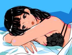 Rule 34 | 1girl, bed sheet, black bra, black hair, blue background, blush, bra, breasts, cleavage, crossed arms, eyeshadow, fingernails, highres, lace, lace bra, lips, lying, makeup, medium breasts, medium hair, mole, mole on breast, mole under mouth, nail polish, on bed, on stomach, original, pink nails, red eyes, simple background, stephanie priscilla, under covers, underwear, wavy hair