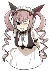 Rule 34 | 1girl, 5-502, 5pb., ;d, akiha rumiho, apron, arms behind back, drill hair, faris nyannyan, grin, maid, maid apron, maid headdress, nitroplus, no legs, one eye closed, open mouth, pink eyes, pink hair, science adventure, smile, solo, steins;gate, twin drills, twintails, waist apron, waitress