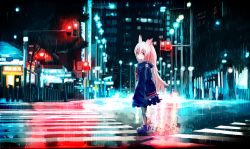 Rule 34 | 1girl, blue footwear, blue raincoat, boots, building, city, closed mouth, commentary, commission, crosswalk, expressionless, feather hair, from side, hair between eyes, highres, hood, hood down, long hair, long sleeves, looking at viewer, looking to the side, night, original, outdoors, pink hair, rain, raincoat, red eyes, red ribbon, reflection, ribbon, road sign, rubber boots, sign, skeb commission, skyscraper, sleeves past wrists, solo, standing, traffic light, very long hair, wide shot, wide sleeves, window, yoshioka yoshiko