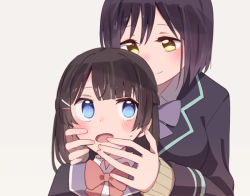 Rule 34 | 2girls, black hair, black jacket, blue eyes, blush, bow, bowtie, closed mouth, collared shirt, commentary request, grey background, hands on another&#039;s face, jacket, long hair, long sleeves, looking to the side, multiple girls, nervous, nijisanji, open mouth, purple hair, red neckwear, school uniform, shirt, shizuka rin, short hair, simple background, smile, sou (tuhut), sweatdrop, tsukino mito, tsukino mito (1st costume), upper body, virtual youtuber, white shirt, yellow eyes