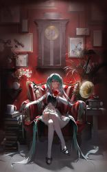Rule 34 | 1girl, analog clock, apple, aqua eyes, aqua hair, blue eyes, breasts, chair, clock, creature, food, fruit, hatsune miku, headset, highres, holding, holding food, holding fruit, indoors, long hair, looking at viewer, plant, potted plant, red apple, shikakrosho, sitting, solo, stuffed animal, stuffed toy, taxidermy, thighhighs, tile floor, tiles, twintails, vocaloid, wall clock, white thighhighs
