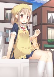 Rule 34 | 1girl, animal, animal on lap, apron, arm support, ascot, bad id, bad pixiv id, blue eyes, blue skirt, blue sky, blush, building, cat, cat on lap, ceiling light, cloud, collared shirt, commentary request, curtains, day, fang, flower, fountain, frilled apron, frills, hair between eyes, head scarf, highres, house, kneehighs, knees together feet apart, light brown hair, long hair, on lap, open mouth, original, outdoors, plant, pleated skirt, pom pom (clothes), potted plant, red ascot, red eyes, red ribbon, ribbon, shirt, short sleeves, sidelocks, sitting, skirt, sky, socks, solo, tareme, usagino suzu, water, white socks, window, window box, yellow apron
