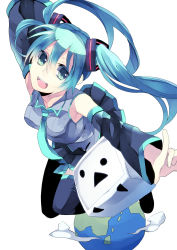 Rule 34 | 1girl, :&lt;, :d, \m/, aqua hair, bad id, bad pixiv id, bare shoulders, blue eyes, blue hair, detached sleeves, earth (planet), globe, green eyes, hair ornament, hatsune miku, highres, long hair, matching hair/eyes, mihatarou, necktie, niconico, open mouth, outstretched arms, planet, simple background, skirt, smile, solo, spread arms, thighhighs, twintails, very long hair, vocaloid, white background
