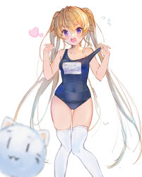 Rule 34 | 1girl, ao no kanata no four rhythm, arisaka mashiro, blue one-piece swimsuit, blush, breasts, cat, covered navel, heart, highres, long hair, name tag, niii, one-piece swimsuit, open mouth, purple eyes, school swimsuit, simple background, solo, swimsuit, thighhighs, thighs, twintails, very long hair, white background, white thighhighs