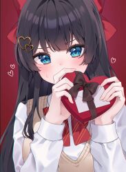Rule 34 | 1girl, absurdres, black bow, black hair, blue eyes, blush, bow, bowtie, box, box of chocolates, brown sweater vest, collared shirt, covering own mouth, dot nose, dutch angle, furrowed brow, gift, hair bow, hair ornament, hands up, heart, heart-shaped box, heart hair ornament, highres, holding, holding gift, long bangs, long hair, long sleeves, looking at viewer, red background, red bow, red bowtie, reel (riru), school uniform, shirayuki hina, shirt, simple background, solo, stellive, straight hair, striped bow, striped bowtie, striped clothes, sweater vest, upper body, v-neck, valentine, virtual youtuber, white shirt