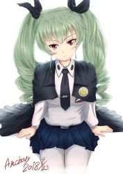 Rule 34 | 10s, 1girl, anchovy (girls und panzer), angry, anzio school uniform, arm support, backlighting, belt, birthday, black belt, black cape, black necktie, black ribbon, black skirt, buchikaki, cape, character name, closed mouth, commentary, dated, dress shirt, drill hair, emblem, frown, girls und panzer, green hair, hair ribbon, head tilt, highres, long hair, long sleeves, looking at viewer, miniskirt, necktie, pantyhose, pleated skirt, red eyes, ribbon, school uniform, shirt, simple background, sitting, skirt, solo, twin drills, twintails, white background, white pantyhose, white shirt