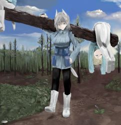 Rule 34 | 10s, 3girls, animal ears, aurora e. juutilainen, bad id, bad pixiv id, bag, black legwear, blonde hair, blue eyes, boots, brave witches, carrying, carrying over shoulder, cloud, day, eila ilmatar juutilainen, forest, grey hair, hanging, highres, holding, log, military, military uniform, multiple girls, nature, nikka edvardine katajainen, oftaj, pantyhose, purple eyes, ribbed sweater, satchel, short hair, shoulder carry, sitting, sky, snow boots, strike witches, strike witches: aurora no majo, sweater, tail, uniform, upside-down, white legwear, world witches series