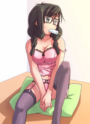 Rule 34 | 1girl, bow, bow panties, braid, breasts, brown hair, bustier, camisole, e20, food, glasses, green eyes, hair over shoulder, houzumi kaede, lace, lace-trimmed panties, lace trim, large breasts, lingerie, original, panties, pink panties, polka dot, polka dot panties, popsicle, solo, strap slip, thighhighs, twin braids, underwear
