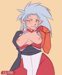 Rule 34 | 1girl, absurdres, breasts, breasts out, highres, kalruna, medium breasts, pointy ears, ryouko (tenchi muyou!), spiked hair, tenchi muyou!, white hair, yellow eyes