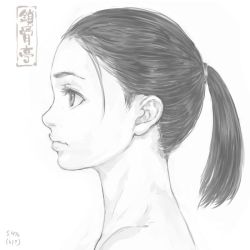 Rule 34 | 1girl, artist logo, closed mouth, from side, greyscale, monochrome, nude, original, ponytail, portrait, profile, shu-mai, simple background, solo, white background