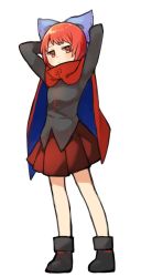 Rule 34 | 1girl, ankle boots, arms behind back, bad id, bad twitter id, black footwear, blue bow, blue cape, boots, bow, cape, full body, hair bow, jitome, long sleeves, looking at viewer, multicolored cape, multicolored clothes, pleated skirt, red cape, red eyes, red hair, red skirt, sasa kichi, sekibanki, simple background, skirt, solo, standing, touhou, white background