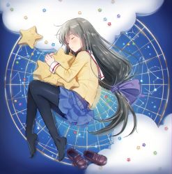 Rule 34 | 1girl, absurdres, black hair, black pantyhose, blue skirt, blush, brown footwear, clannad, cloud, commentary request, constellation, closed eyes, from above, full body, hair ribbon, highres, ibuki fuuko, loafers, long hair, long sleeves, low-tied long hair, lying, miniskirt, on side, pantyhose, parted lips, ribbon, sailor collar, school uniform, serafuku, shoes, unworn shoes, skirt, sleeping, solo, star (symbol), star-shaped pillow, very long hair, waya (bombe), white sailor collar