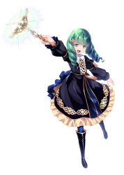 1girl blue_legwear boots fire_emblem fire_emblem:_three_houses flayn_(fire_emblem) full_body garreg_mach_monastery_uniform green_eyes green_hair hair_ornament highres holding holding_staff long_sleeves nintendo open_mouth shinohara_shinome simple_background solo staff white_background