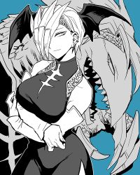 Rule 34 | 10s, 1girl, abaraya, alternate form, bare shoulders, bat wings, blue background, boku no hero academia, breasts, china dress, chinese clothes, claws, closed mouth, cowboy shot, crossed arms, dragon, dragon girl, dress, earrings, elbow gloves, gloves, hair over one eye, headband, jewelry, large breasts, looking at viewer, looking to the side, monochrome, one eye covered, ryuukyuu, sharp teeth, short hair, simple background, solo, standing, superhero costume, tatsuma ryuuko, teeth, transformation, turtleneck, turtleneck dress, upper body, wings