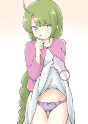 Rule 34 | ahoge, akara kai, assisted exposure, blue eyes, clothes lift, cowboy shot, disembodied hand, dress, dress lift, gluteal fold, gradient background, green hair, highres, jacket, kantai collection, long hair, mole, mole under mouth, official alternate costume, panties, parted lips, purple jacket, purple panties, smile, standing, thigh gap, underwear, very long hair, white dress, yuugumo (kancolle)