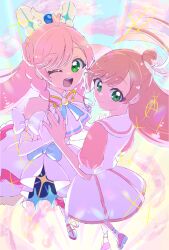 Rule 34 | ;d, ascot, boots, bow, braid, brooch, closed mouth, cure prism, dress, dress bow, dual persona, elbow gloves, french braid, gloves, green eyes, hair bow, hair bun, hair ribbon, highres, hirogaru sky! precure, holding hands, jewelry, long hair, looking at viewer, looking back, magical girl, medium dress, nijigaoka mashiro, one eye closed, open mouth, pink footwear, pink hair, precure, ribbon, shoes, short sleeves, side braid, single hair bun, sleeveless, sleeveless dress, smile, socks, sparkle, standing, usiusi nanas, white ascot, white bow, white dress, white footwear, white gloves, white ribbon, white socks, wind, wing brooch