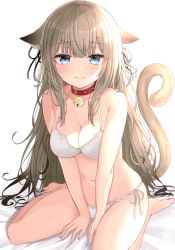 Rule 34 | 1girl, absurdres, akino ell, animal ears, bare arms, bare shoulders, barefoot, bell, between legs, blue eyes, bra, breasts, brown hair, cat ears, cat girl, cat tail, cleavage, closed mouth, collar, collarbone, floppy ears, flying sweatdrops, frown, hair ornament, hair ribbon, hairclip, highres, jingle bell, long hair, looking at viewer, medium breasts, navel, original, panties, animal collar, ribbon, scan, side-tie panties, simple background, sitting, solo, tail, tail raised, thighs, underwear, underwear only, v arms, very long hair, wariza, white background, white bra, white panties