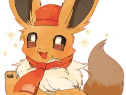 Rule 34 | :3, blush, brown outline, brown sclera, cabbie hat, clothed pokemon, colored sclera, creatures (company), eevee, game freak, gen 1 pokemon, hand up, happy, hat, looking up, neckerchief, nintendo, no humans, open mouth, poke ball symbol, poke ball theme, pokemon, pokemon (creature), pokemon cafe remix, red hat, red neckerchief, simple background, smile, socono noa, solo, sparkle, white background, white eyes