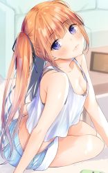 Rule 34 | 1girl, bare shoulders, blush, breasts, camisole, cleavage, closed mouth, couch, denim, denim shorts, head tilt, highres, indoors, long hair, looking at viewer, medium breasts, orange hair, original, purple eyes, short shorts, shorts, sitting, on floor, sleeveless, solo, twintails, white camisole, yu yu