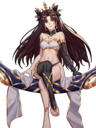 Rule 34 | 1girl, absurdres, black bow, black hair, black thighhighs, bow, breasts, cleavage, collarbone, earrings, elbow gloves, fate/grand order, fate (series), floating hair, gloves, hair bow, highres, ishtar (fate), jewelry, long hair, looking at viewer, medium breasts, navel, red eyes, single elbow glove, single glove, single thighhigh, sitting, smile, solo, stomach, thighhighs, tiara, toeless legwear, two side up, very long hair